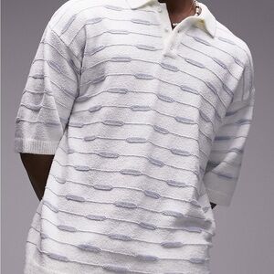 Men's White and Gray Striped Terry Cloth Polo Shirt Medium